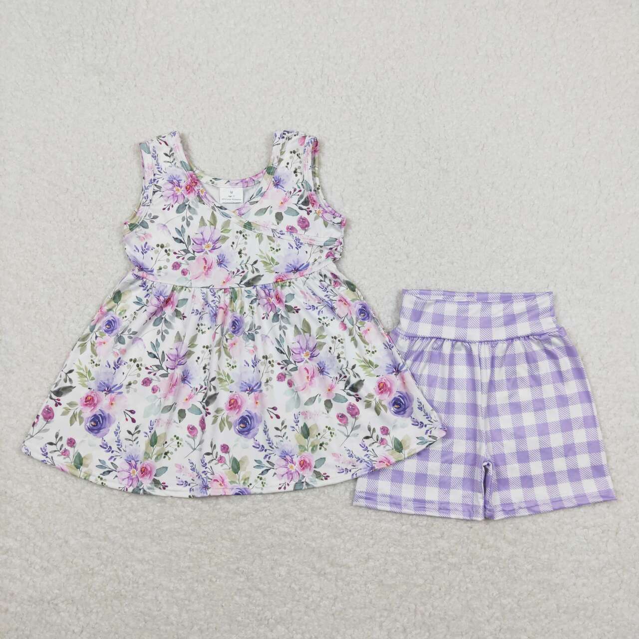 Baby Girl Sleeveless Bee Floral Tunic Plaid Shorts Summer Purple Set