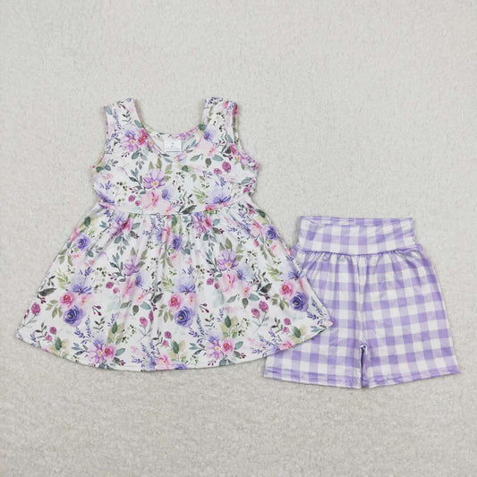 Baby Girl Sleeveless Bee Floral Tunic Plaid Shorts Summer Purple Set