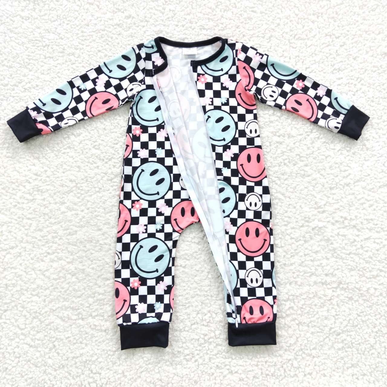 LR0304 Baby Girl Long Sleeves Smile Floral Zipper Romper