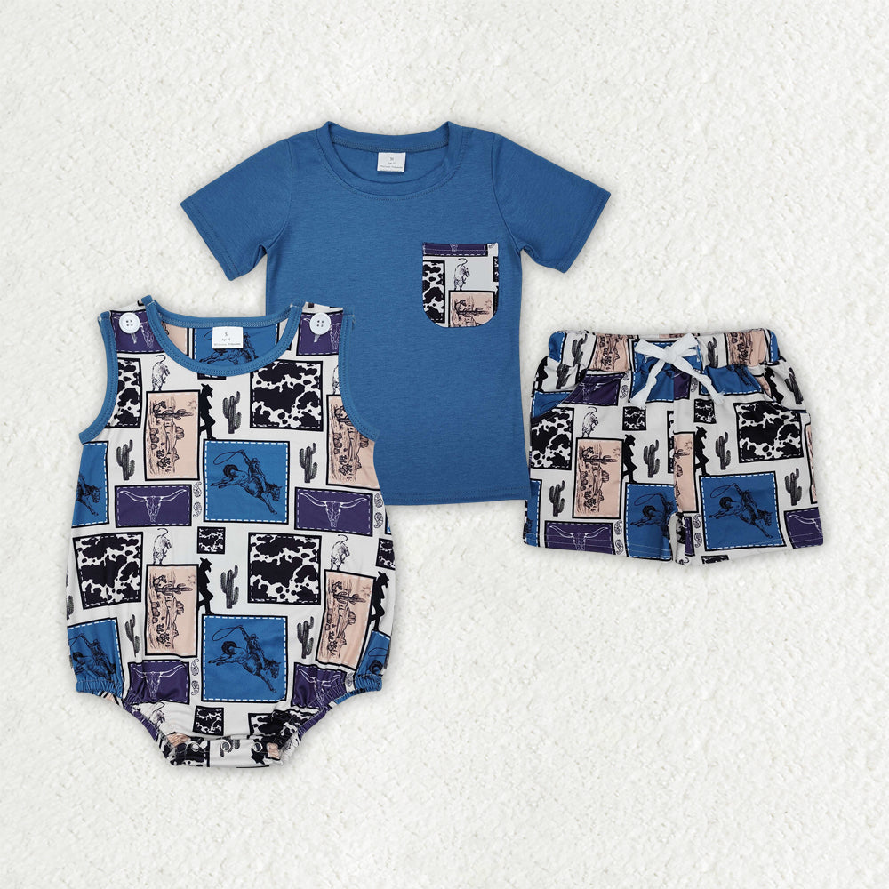 Baby Boy Western Cow Cactus Sibling Romper Summer Set Clothes RTS