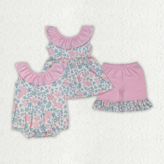 Baby Girl Pink Bow Ruffle Easter Rabbits Sibling Romper Outfit Clothes RTS