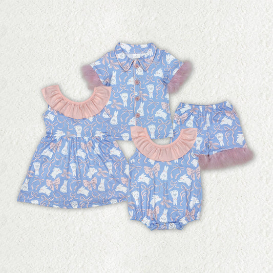 Baby Girl Easter Rabbits Bows Sibling Romper Dress Pajamas Set Clothes RTS