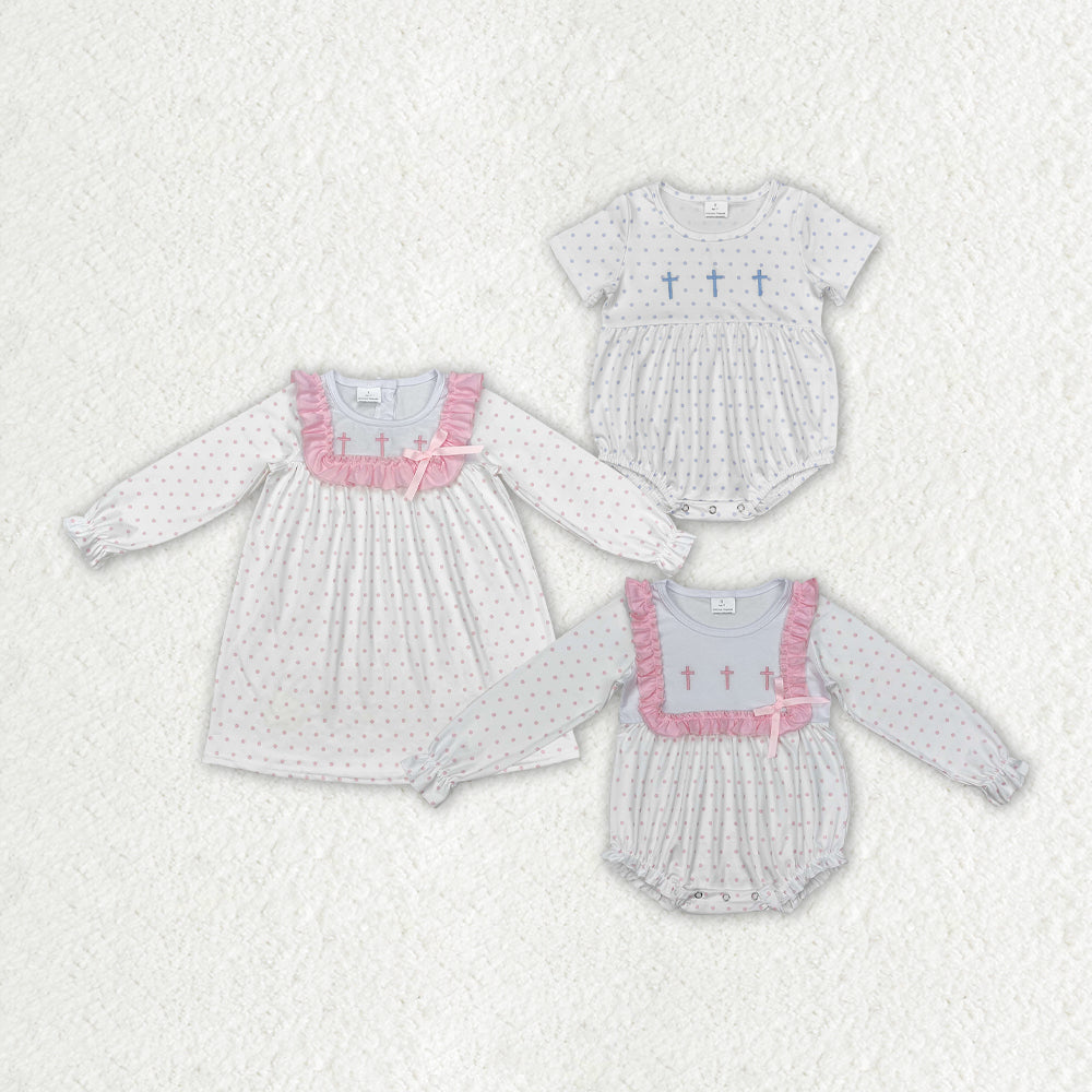Baby Boy Girl Embroidery Pink Crosses Dots Easter Sibling Romper Dress