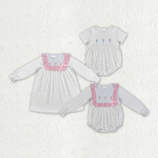 Baby Boy Girl Embroidery Pink Crosses Dots Easter Sibling Romper Dress