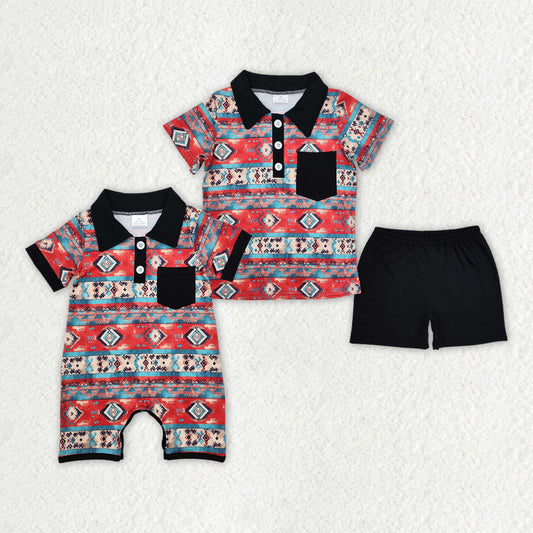 Baby Boy Short Sleeves Western Aztec Sibling Romper Clothes Set