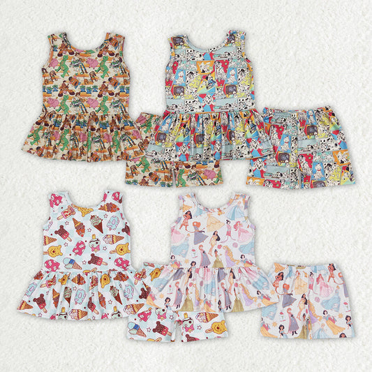 Baby Girl Sleeveless Cartoon Tunic Tops Shorts Sibling Clothes Set RTS