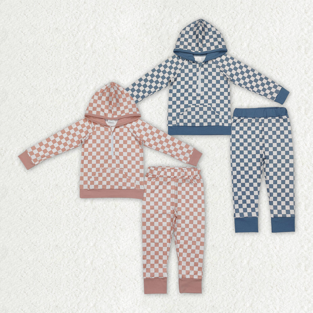 Boy Baby Girl Long Sleeves Checkered Zipper Hoodie Shirt Pants Sibling Clothes Set