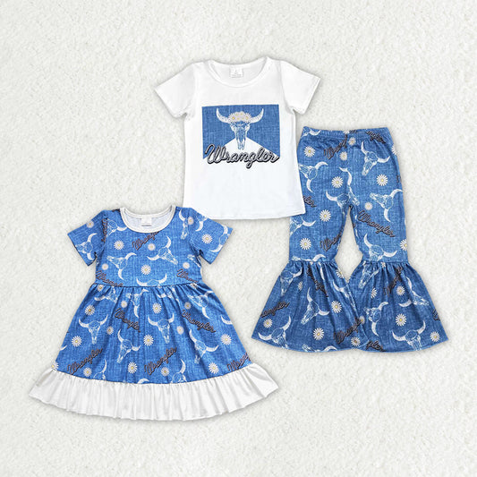 Baby Girl Short Sleeves Cow Flower Western Sibling Dress Clothes Set