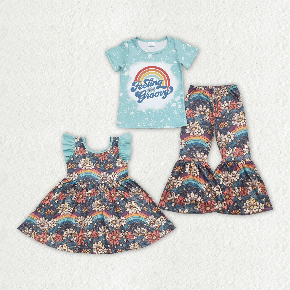 Baby Girl Short Sleeves Groovy Rainbow Flower Sibling Dress Clothes Set