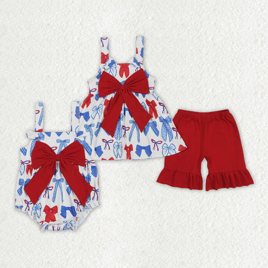 Sibling Baby Girl Straps July 4th Bows Sibling Clothes Romper Set RTS