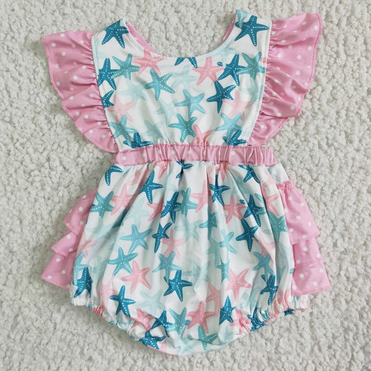 Promotion Baby Girl Short Sleeves Starfish Bubble Pink Ruffle Romper