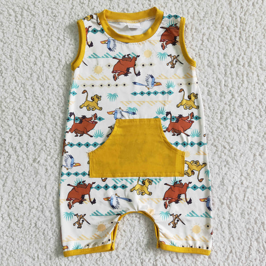 Promotion Baby Boy Sleeveless Cartoon Lion Bows Pocket Romper