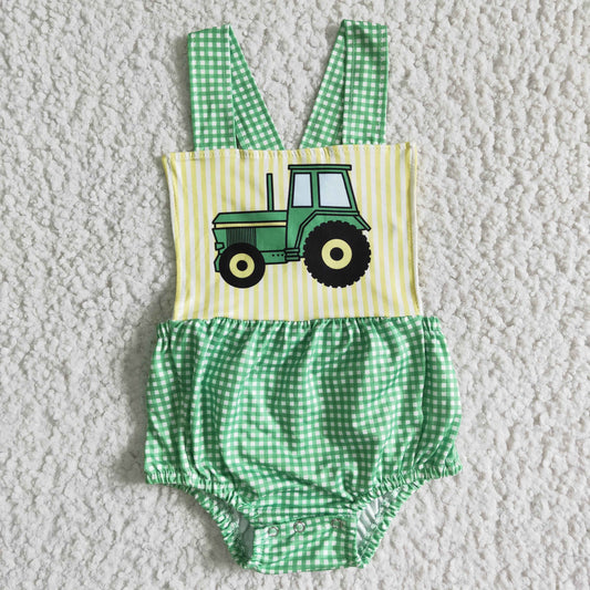 Promotion Baby Boy Tractor Green Plaid Bubble Romper