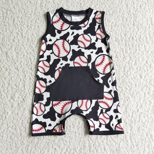 Promotion Baby Boy Baseball Pocket Cow Print Romper