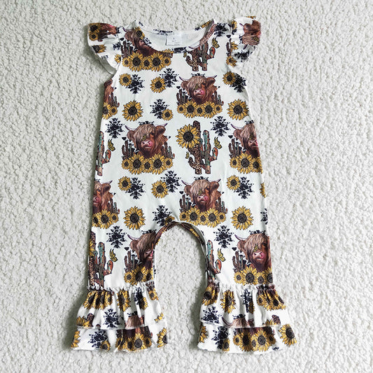 Promotion Baby Boy Western Cow Flower Cactus Ruffle Romper