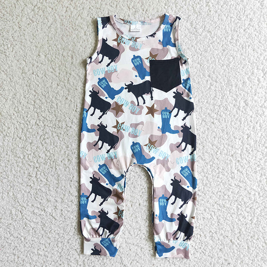 Promotion Baby Boy Sleeveless Western Cow Romper