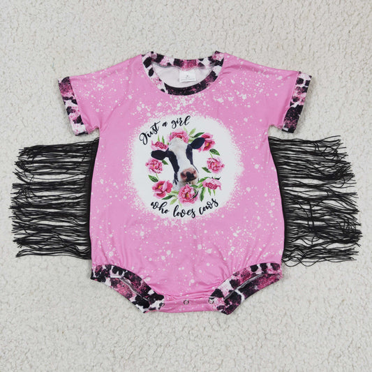 Promotion Baby Girl Short Sleeves Western Cow Flower Tassel Pink Romper