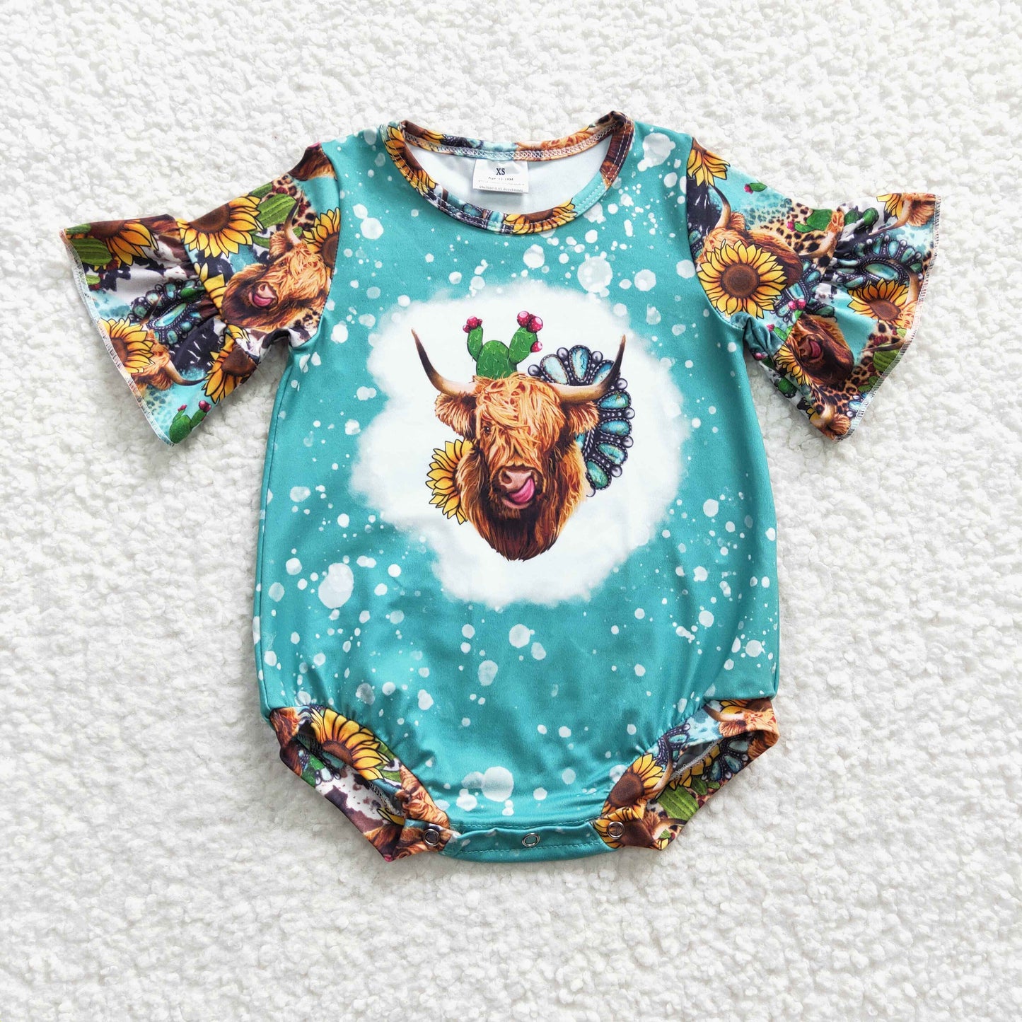 Promotion Western Baby Girl Ruffle Short Sleeves Cow Flower Cactus Summer Romper RTS