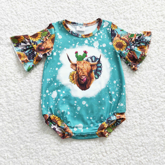Promotion Western Baby Girl Ruffle Short Sleeves Cow Flower Cactus Summer Romper RTS