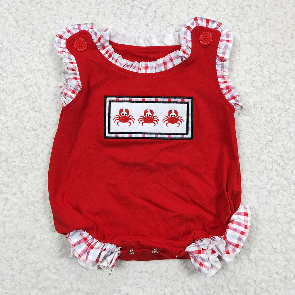 Baby Boy Girl Embroidery Crabs Checked Sibling Red Romper Clothes Set RTS