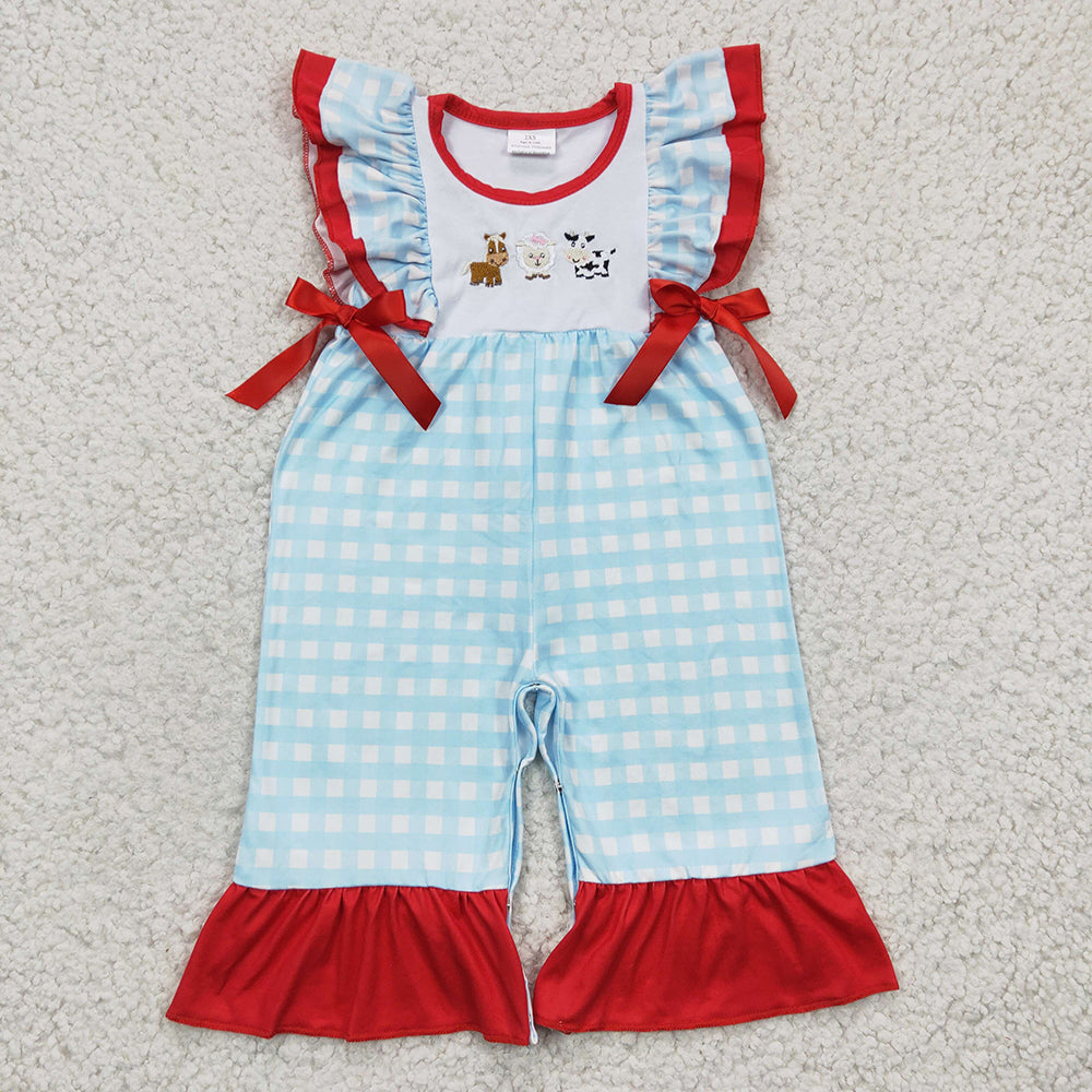 Baby Girl Short Sleeves Embroidery Farm Animals Plaid Sibling Romper Clothes Set