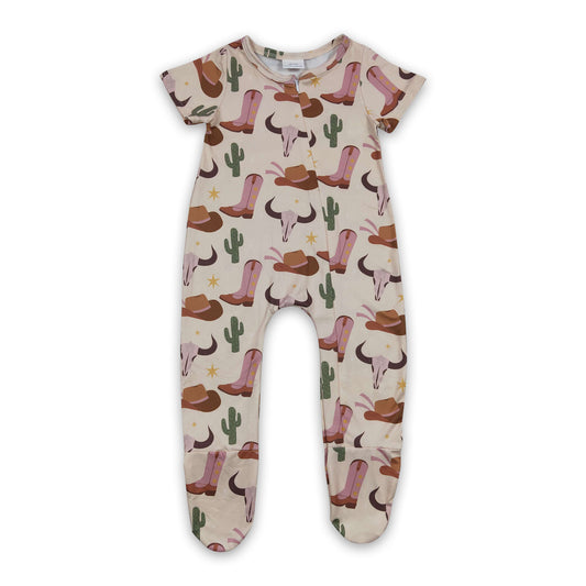 Promotion Baby Kids Western Boots Cactus Zipper Romper Footed Coverall RTS