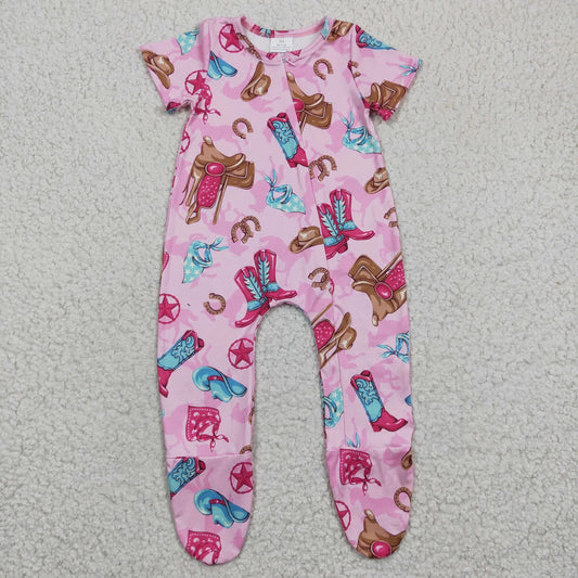 Promotion Baby Girl Western Boots Short Sleeves Zipper Romper Footed Coverall RTS