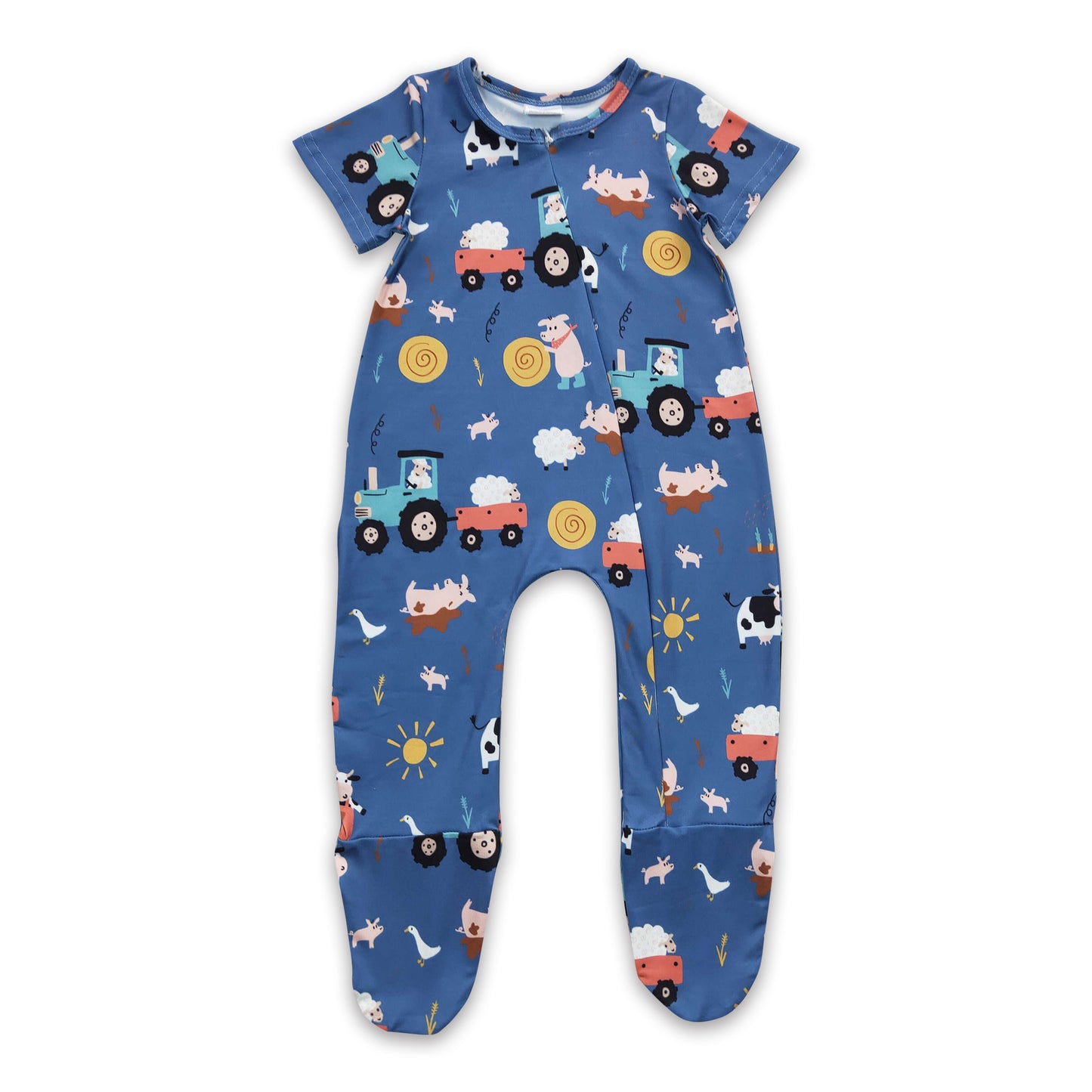 Promotion Baby Boy Kids Farm Boots Short Sleeves Zipper Romper Footed Coverall