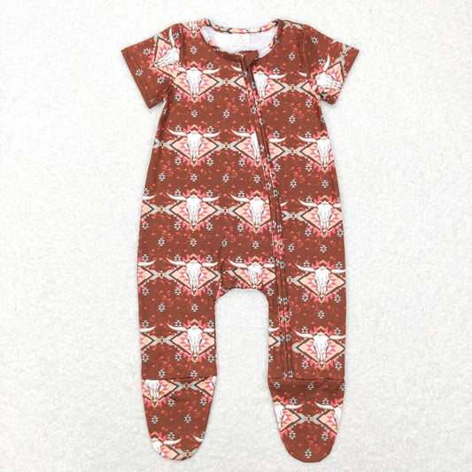 Promotion Baby Kids Infant Short Sleeves Cow Aztec Western Footie Zipper Romper RTS