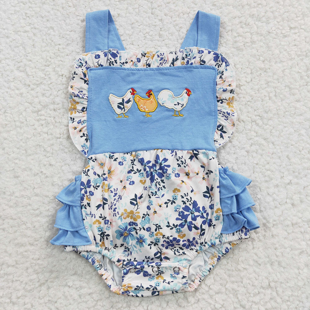 Baby Boy Girl Embroidery Chicken Sibling Blue Checked Flower Romper Clothes Set RTS