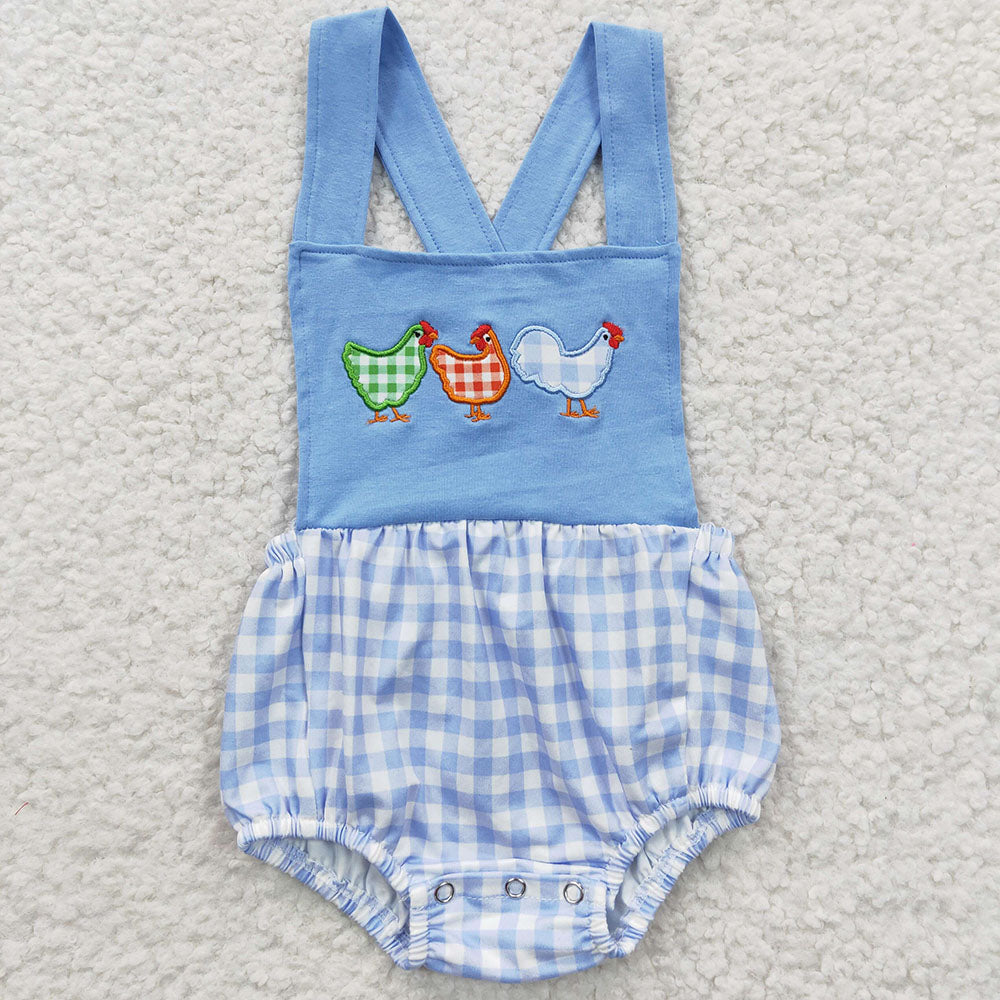 Baby Boy Girl Embroidery Chicken Sibling Blue Checked Flower Romper Clothes Set RTS