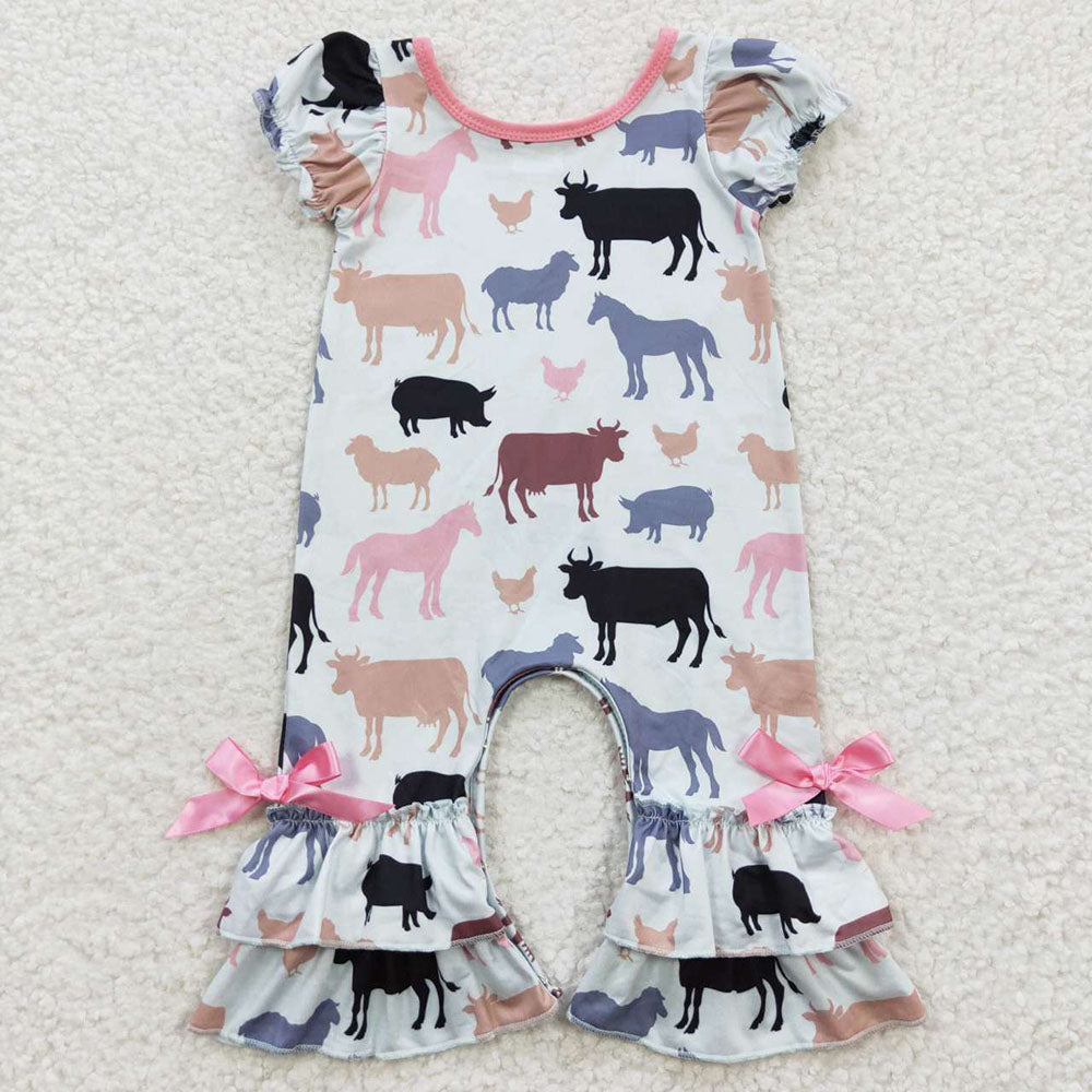 Baby Girl Short Sleeves Western Cow Flower Sibling Romper