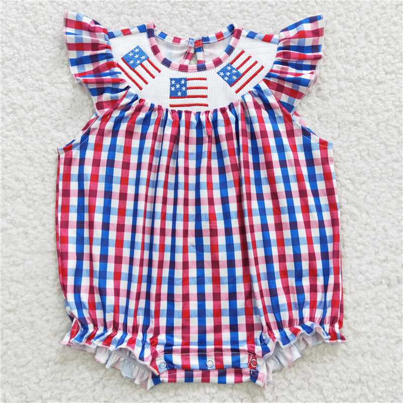 Baby Girl Embroidery Flags 4th Of July Checked Sibling Smocked Romper Dress RTS