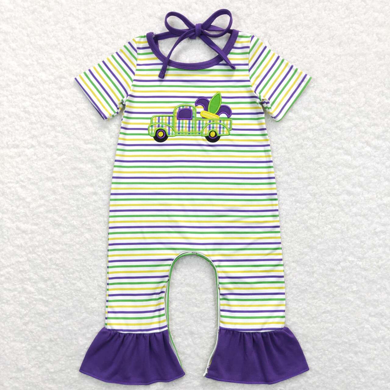 Sibling Baby Boys Girls Short Sleeves Embroidery Trucks Stripes Mardi Gras Romper Set RTS