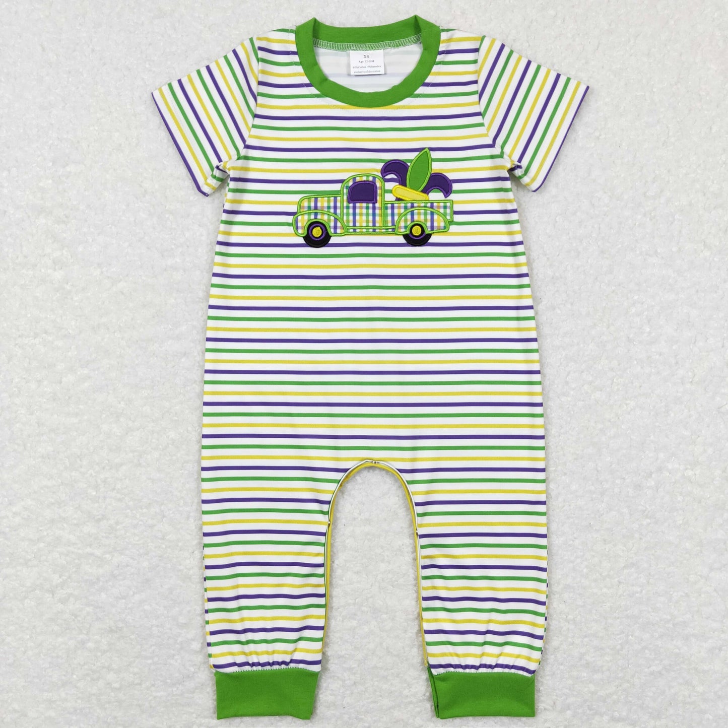 Sibling Baby Boys Girls Short Sleeves Embroidery Trucks Stripes Mardi Gras Romper Set RTS