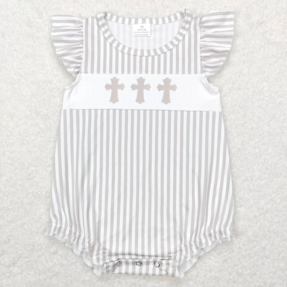Baby Boy Girl Short Sleeves Grey Stripes Easter Cross Sibling Romper Dress Set
