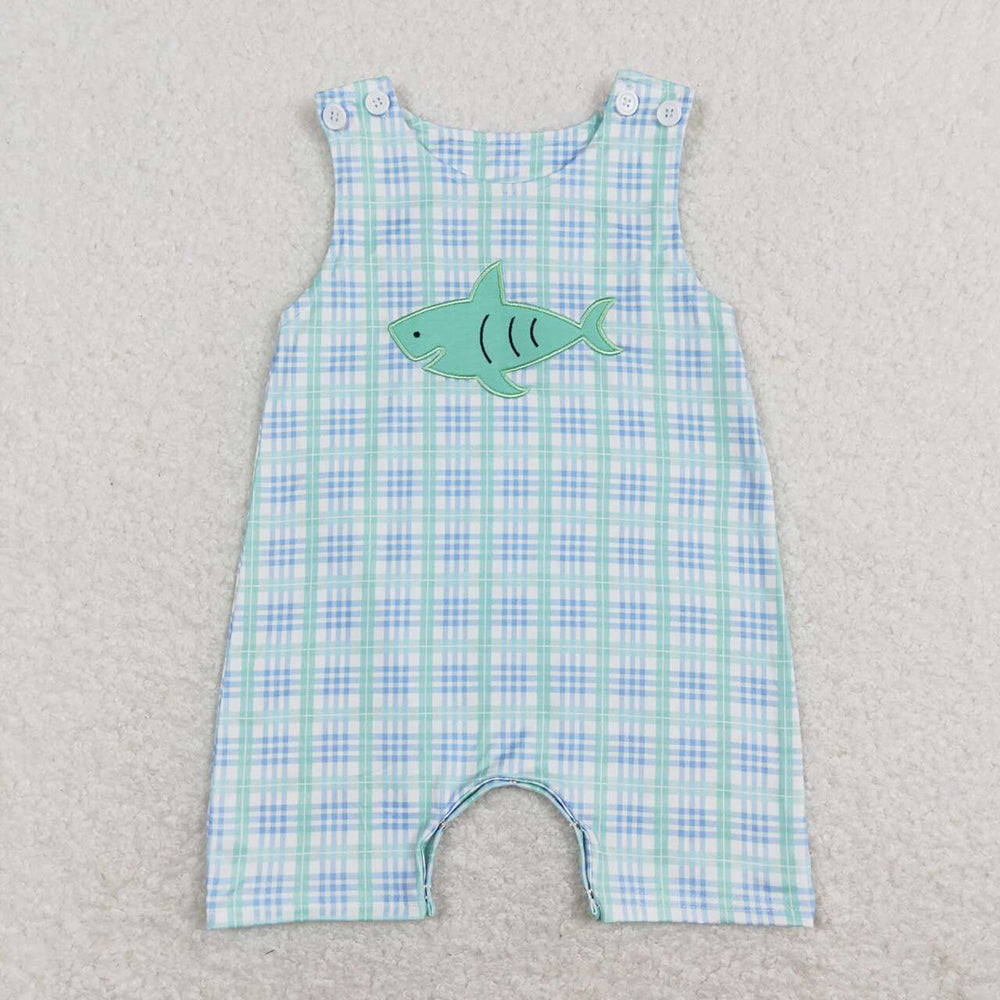 Baby Boy Blue Embroidery Fish Checked Sibling Romper Clothes Set RTS