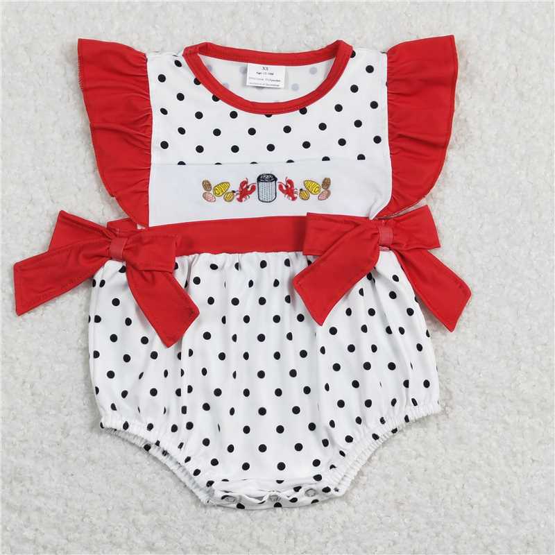 Baby Girl Short Sleeves Embroidery Crawfish Dots Sibling Romper Dress Set RTS