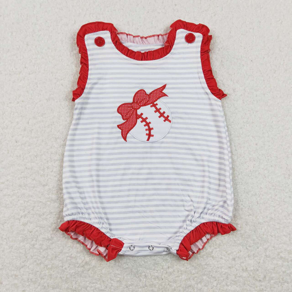 Baby Girl Embroidery Bow Baseball Strips Sibling Romper Clothes Set RTS