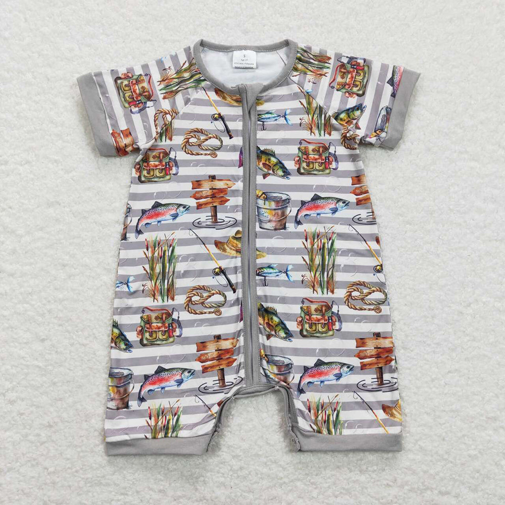 Baby Boy Short Sleeves Fishing Sibling Grey Zipper Romper Clothes Set RTS