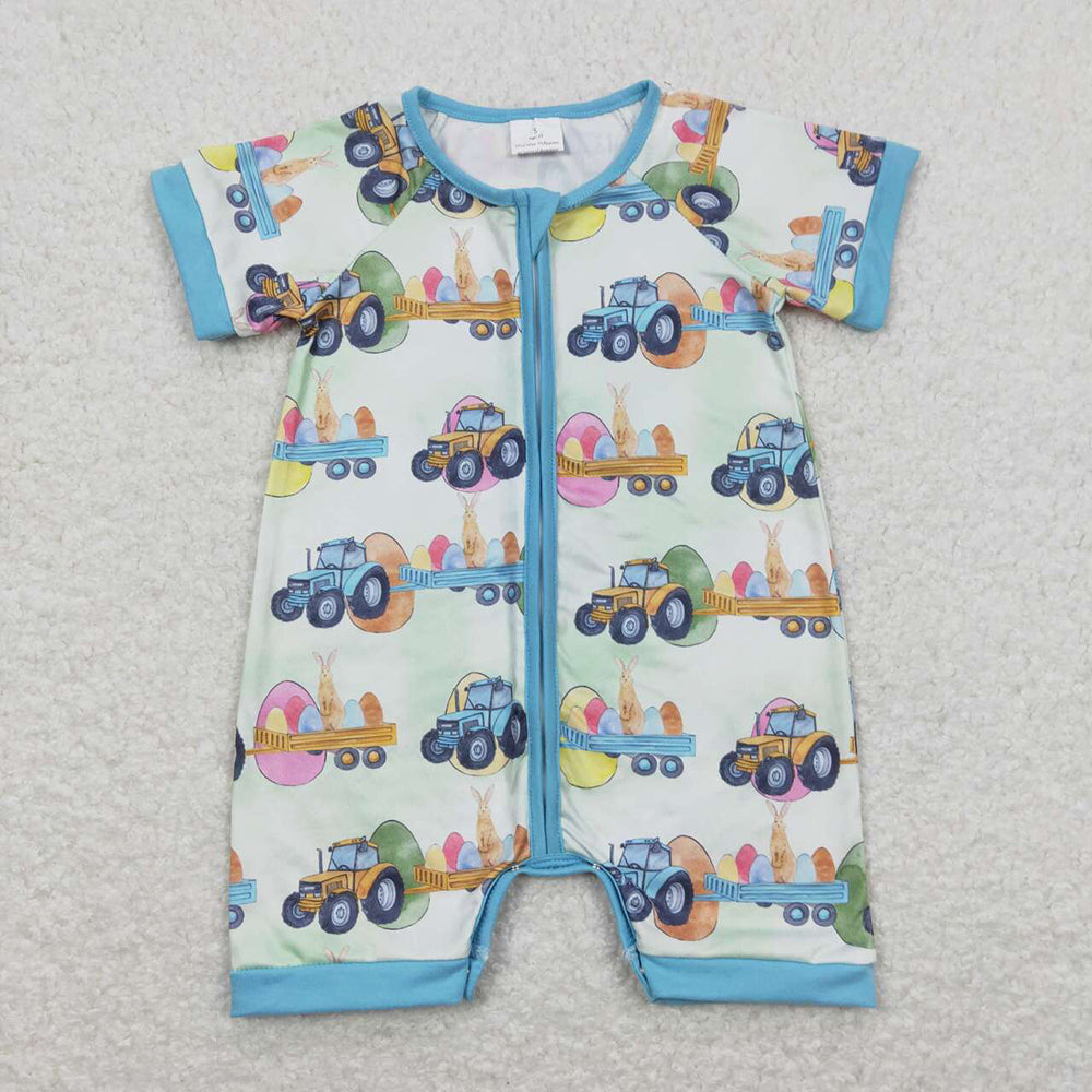 Baby Boy Kids Easter Eggs Tractors Sibling Romper Blanket Clothes Set Pajamas