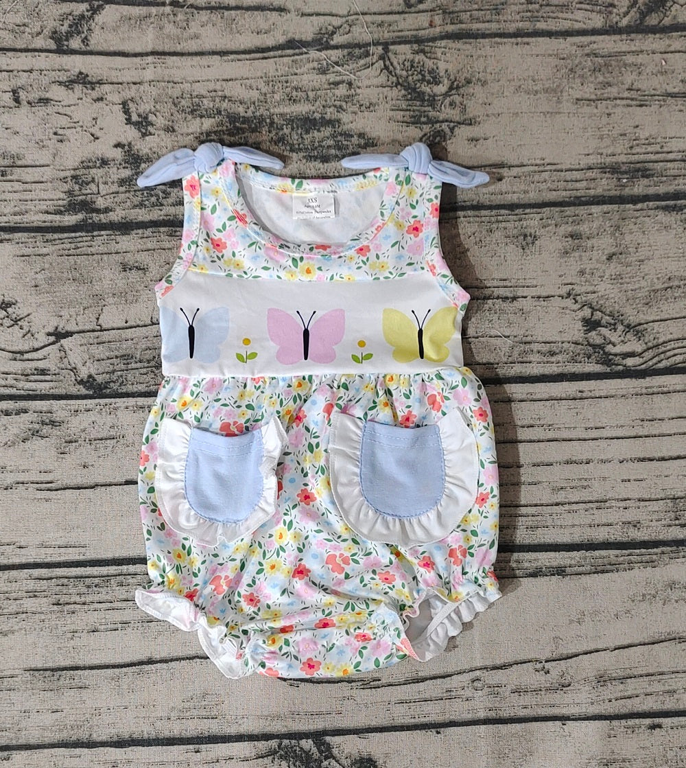 No moq Pre-order Baby Girl Butterfly Floral Pocket One Piece Romper