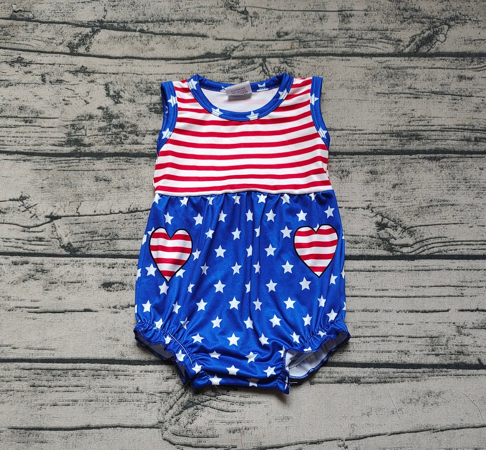 Pre-order Baby Girl Sleeveless Stars Stripes July 4th One Piece Bubble Romper