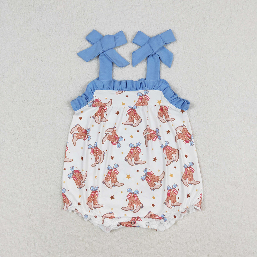 Baby Girl Straps Boots Blue Bows July 4th Sibling Romper Dress Clothes RTS