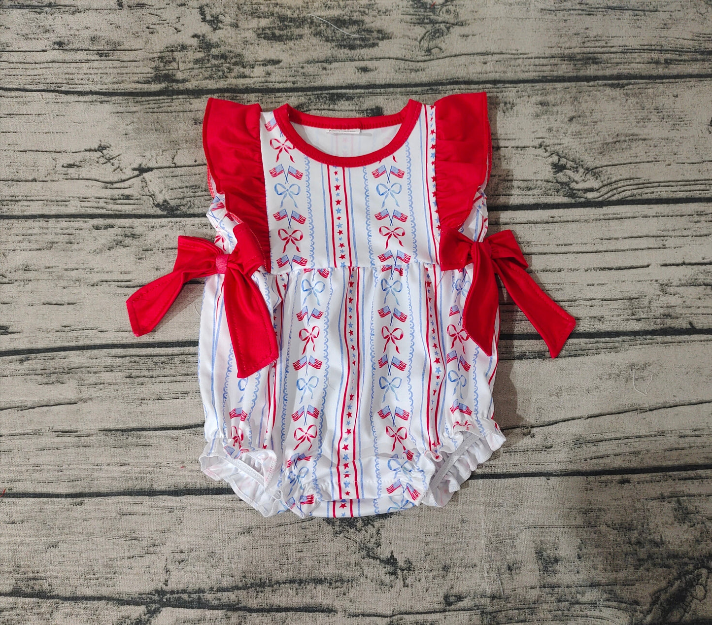 Baby Girl Short Sleeves Bows July 4th Romper