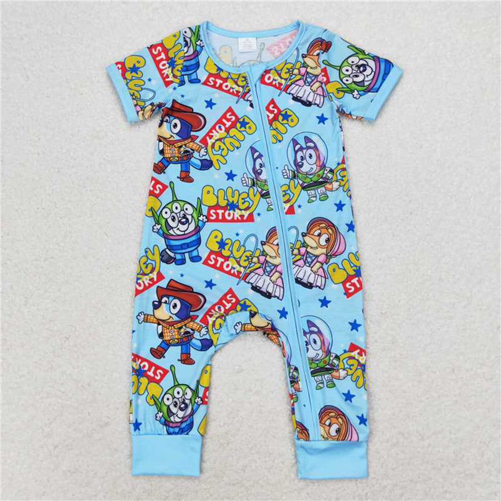 Baby Boy Girl Short Sleeves Dogs Blue Sibling Romper Dress Set RTS