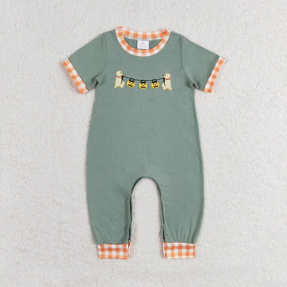 Baby Boy Girl Short Sleeves Embroidery Halloween Dogs Pumpkin Sibling Romper Clothes Set