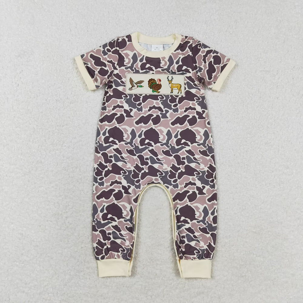 Baby Boy Short Sleeves Embroidery Duck turkey Deer Camo Sibling Romper Clothes Set