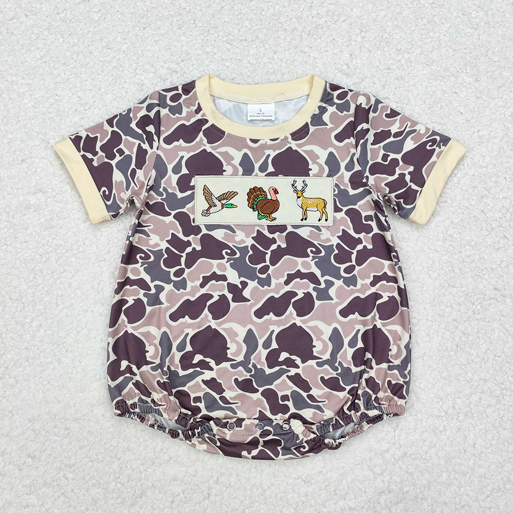 Baby Boy Short Sleeves Embroidery Duck turkey Deer Camo Sibling Romper Clothes Set