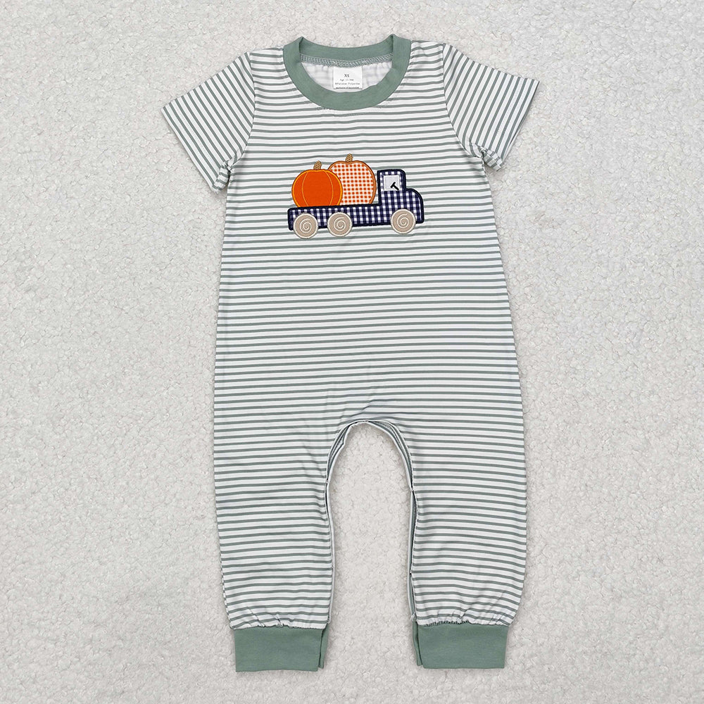 Baby Boy Short Sleeves Embroidery Pumpkin Trucks Stripes Sibling Romper Set Thanksgiving RTS